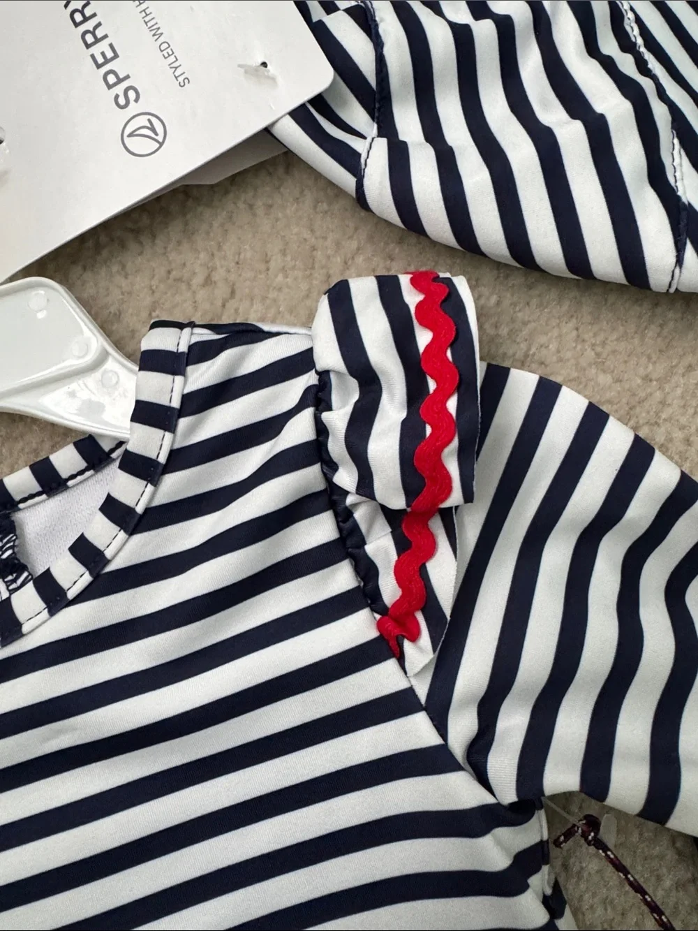 Sperry Navy & White Striped Long-Sleeve One-Piece Swim Set with Red Trim